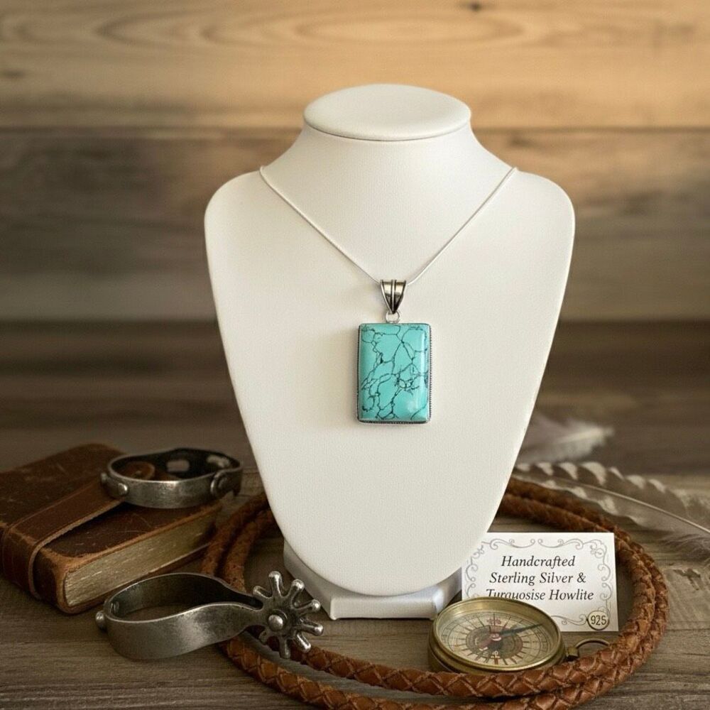 Handcrafted Silver & Natural Turquoise Howlite Rectangular Pendant Necklace - Picture 3 of 6